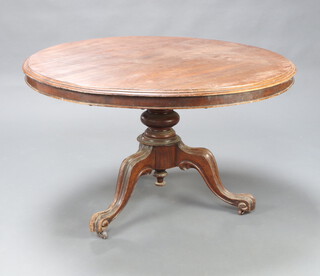A Victorian mahogany circular snap top loo table raised on a turned column and tripod base 70cm h x 119cm diam. 