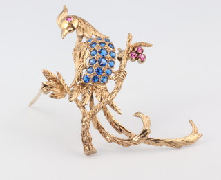 A 9ct yellow gold brooch in the form of an exotic bird set with sapphires and rubies, 4.7 grams, 43mm 