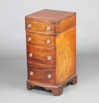 A Victorian mahogany bow front pedestal chest of 4 drawers with ring drop handles, raised on bracket feet 72cm h x 35cm w x 40cm d  