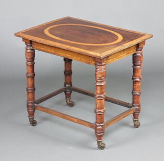 An Edwardian rectangular inlaid and crossbanded mahogany occasional table, raised on turned supports with box framed stretcher 57cm h x 61cm w x 46cm d 