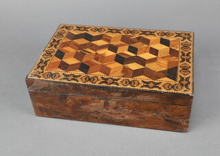 A Victorian walnut Tunbridge Ware box the hinged lid with geometric decoration 7cm x 23cm x 15cm  