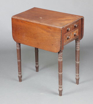 A 19th Century rectangular mahogany Pembroke table fitted 2 drawers and 2 dummy drawers, raised on turned supports 67cm h x 55cm w x 34cm d 