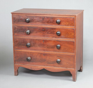 A 19th Century mahogany chest of 4 long drawers with turned ebonised handles, raised on bracket feet 93cm h x 93cm w x 47cm d