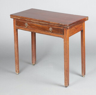 A 19th Century mahogany tea table fitted a drawer, raised on square supports 71cm h x 66cm w x 38cm d 