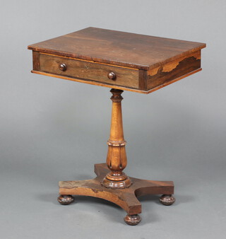 A William IV rosewood pedestal table fitted a drawer, raised on a turned column, triform base and bun feet 72cm h x 61cm w x 45cm d 