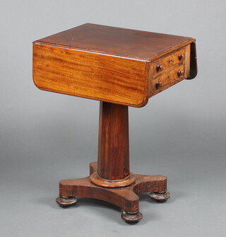 A William IV mahogany drop flap pedestal work table fitted 2 drawers and 2 dummy drawers, raised on a chamfered column and tripod base, bun feet 74cm h x 54cm w x 40cm d  