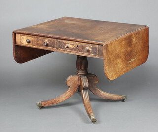 Gillingtons of Dublin, a Georgian mahogany pedestal sofa table fitted 2 drawers, marked Gillingtons 9541 raised on a turned and reeded column and tripod base, brass caps and casters 74cm x 90cm x 76cm 