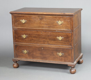 An 18th/19th Century oak chest of 3 long drawers with replacement brass swan neck drop handles and escutcheons, raised on bun feet 94cm h x 105cm w x 54cm d  