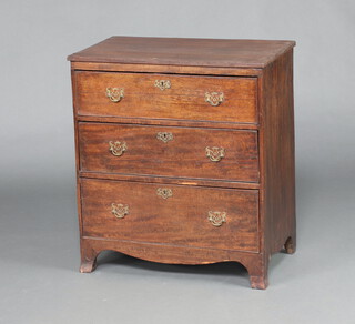 A 19th Century mahogany chest of 3 drawers with brass ring drop handles, raised on bracket feet 72cm h x 64cm w x 37cm d 