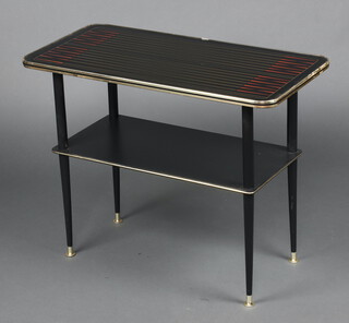 A mid-century 'atomic' pattern rectangular ebonised and gilt painted glass 2 tier occasional table 60cm h x 76cm w x 38cm d 