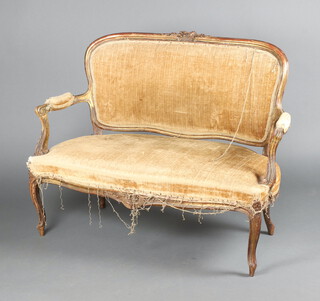 A French 19th/20th Century gilt painted 2 seat salon sofa, the crest carved flowers, raised on cabriole supports, upholstered in gold coloured material 95cm h x 123cm w x 55cm (seat 89cm w x 45cm d)  