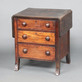 A 19th Century mahogany chest of 3 drawers with turned handles and flaps to the sides, raised on outswept supports (possibly a book press stand) 75cm h x 62cm w x 52cm d 