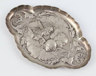 A Victorian repousse silver Reynolds Angels pin tray, London 1900, 41.4 grams 12cm 