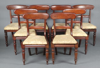 A harlequin set of 8 (6 and 2) 19th Century mahogany bar back dining chairs with shaped mid rails and upholstered drop in seats, raised on turned supports 87cm h x 46cm x 41cm 