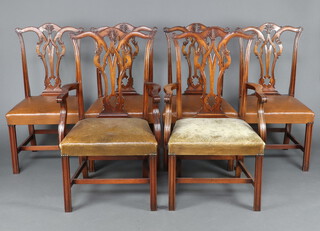 A set of 6 Chippendale style carved mahogany slat back dining chairs with overstuffed seats and backs - 2 carvers 104cm h x 57cm w x 49cm d, 4 standard chairs  99cm h x 45cm d, the 2 carvers upholstered in green material, the standards in brown  