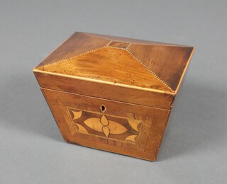 A Georgian inlaid mahogany twin compartment tea caddy of sarcophagus form 15cm x 19cm x 15cm  