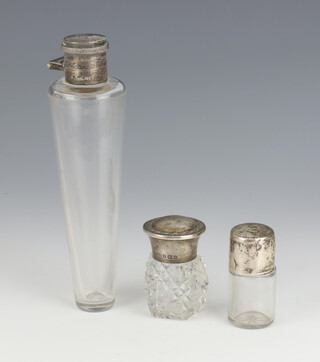 A silver mounted tapered clear glass scent bottle Birmingham 1924, 2 lidded jars