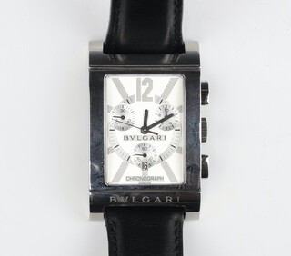 A gentleman's steel cased Bvlgari Rettangolo steel cased Art Deco style wristwatch with 3 subsidiary dials, the case stamped 49 S L23866 on a leather Bvlgari strap, contained in original box 