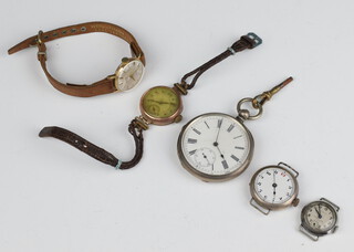 A lady's Omega yellow metal wristwatch on a leather strap, 3 others and a silver keywind pocket watch 