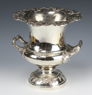 A silver plated 2 handled champagne cooler with vinous rim and rustic handles 28cm 