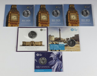 Four Royal Mint 100 pound fine silver commemorative crowns - Buckingham Palace, Big Ben (3), all 2015, a Trafalgar Square 2016 and a Britannia 50 pounds fine coin   2015 