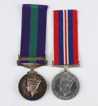 A General Service medal with Palestine 1945-1948 bar to 2725413 Pte. L.C. Philpott CMP and a War medal 