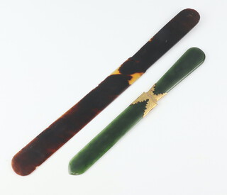 A 19th Century gilt metal mounted nephrite paper knife 22cm, a tortoiseshell ditto 30cm  