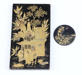 A Meiji period bronze medallion with silver and gilt decoration depicting Mount Fuji 3.5cm together with a chinoiserie lacquered caddy lid