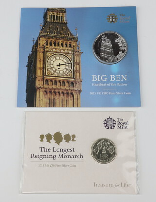 A 2015 one hundred pound, fine silver coin - Big Ben, together with a 2015 UK twenty pound fine silver coin - The longest reigning monarch  