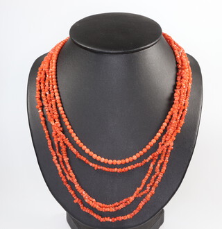 A natural coral necklace 214cm, a bead ditto 46cm 