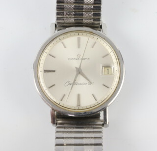 A gentleman's vintage steel cased Eterna Matic Centenaire "61" calendar wristwatch, the case numbered 4622584, 35cmm, with recessed winder on an expanding steel bracelet 