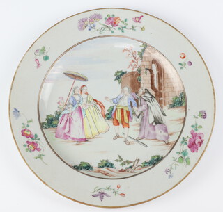 A rare Famille Rose Chinese export plate depicting enamelled central scene of  "Les Oies De Fere Philippe"? (Brother Philippe's geese) after Nicolas Lancret (1690's 1743) the border of sporadic floral spay circa 1750.  See plate 218 Chinese Export Porcelain - Chine de commande  Lunsingh/Scheurleer. Examples held by Met Museum, New York ref:2016.114 (who also hold Lancret's original work 2004.86) and Zeeuws Museum, Middelburg ref:ab1266