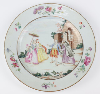 A rare Famille Rose Chinese export plate depicting enamelled central scene of "Les Oies De Fere Philippe"? (Brother Philippe's geese) after Nicolas Lancret (1690's 1743) the border of sporadic floral spay circa 1750. See plate 218 Chinese Export Porcelain - Chine de commande Lunsingh/ Scheurleer. Examples held by Met Museum, New York ref:2016.114 (who also hold Lancret's original work 2004.86) and Zeeuws Museum, Middelburg ref:ab1266