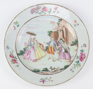 A rare Famille Rose Chinese export plate depicting enamelled central scene of "Les Oies De Fere Philippe"? (Brother Philippe's geese) after Nicolas Lancret (1690's 1743) the border of sporadic floral spay circa 1750. See plate 218 Chinese Export Porcelain - Chine de commande Lunsingh/ Scheurleer. Examples held by Met Museum, New York ref:2016.114 (who also hold Lancret's original work 2004.86) and Zeeuws Museum, Middelburg ref:ab1266