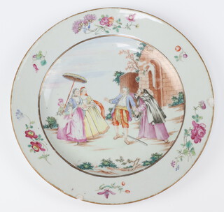 A rare Famille Rose Chinese export plate depicting enamelled central scene of "Les Oies De Fere Philippe"? (Brother Philippe's geese) after Nicolas Lancret (1690's 1743) the border of sporadic floral spay circa 1750. See plate 218 Chinese Export Porcelain - Chine de commande Lunsingh/ Scheurleer. Examples held by Met Museum, New York ref:2016.114 (who also hold Lancret's original work 2004.86) and Zeeuws Museum, Middelburg ref:ab1266