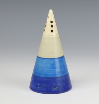 A Clarice Cliff Bizarre conical sugar shaker with blue, dark blue and beige banding, printed mark, no stopper 14.8cm 