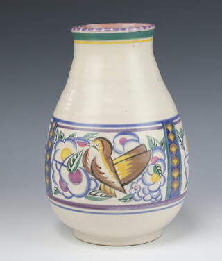 A Poole Carter Stabler baluster vase decorated with a band of stylised birds and flowers, impressed and painted marks 25cm 