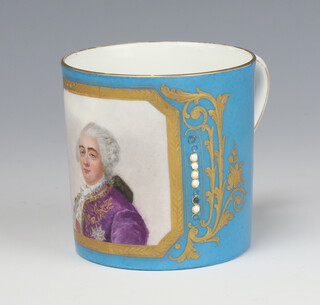 A 19th Century Sevres cabinet cup, the turquoise ground with a panel of a gentleman, printed marks to base 7.5cm 