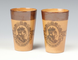 Two Royal Doulton stoneware 1902 commemorative beakers Thames Ditton Celebration 13cm 