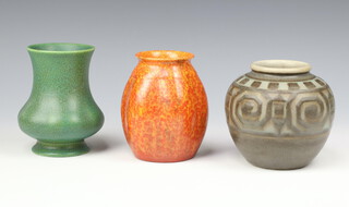 A Royal Lancastrian orange ribbed vase 2780 12cm, a baluster ditto 2783 13cm and a beige moulded ditto 39 13cm 