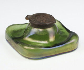 An Art Nouveau Loetz style square inkwell with plated mounts 12cm 