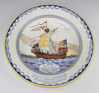 A Poole Pottery charger - The Ship of Harry Paye Poole 1400 with presentation inscription, dated on reverse 1955 40cm 