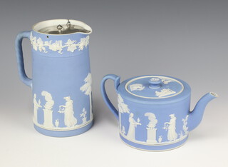 A 19th Century Wedgwood pale blue jasper teapot decorated with classical figures, ditto jug with swivel lid 