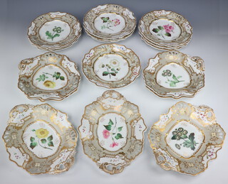 A Victorian Coalbrook style dessert service with beige and gilt borders enclosing flowers comprising 10 plates and 7 serving dishes