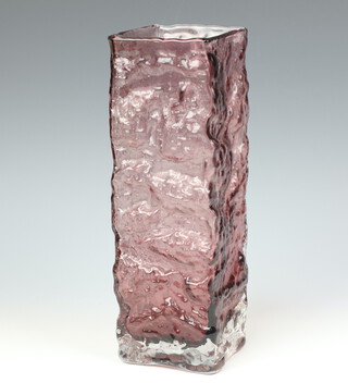 A Whitefriars purple textured glass square vase 13.5cm 