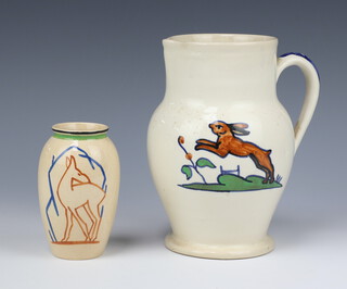 An Ashtead Pottery jug decorated with a hare BCM/ASHTD J16 (chipped) 19cm, a ditto vase decorated with a stylised deer 11cm 