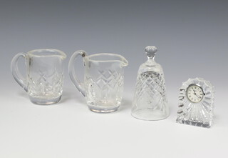 A Waterford Crystal timepiece 8cm, 2 jugs 10cm and a barrel 11cm 