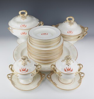 A Victorian part dinner service with gilt rims and ochre armorials comprising 14 dinner plates (6 are cracked), 7 side plates (all cracked), 2 small tureens (1 cracked) with covers and bases, 2 large tureens (1 has a broken handle), 1 tureen base and an oval meat plate (cracked)