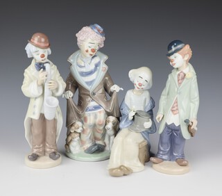 A Lladro figure of a clown holding a violin (finger a/f), ditto with a saxophone 5471, ditto of a clown hiding dogs under his coat 5901 and a Nao figure of a clown holding a top hat 

