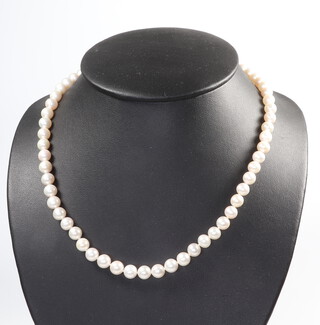 A strand of cultured pearls with a yellow metal 14k clasp 43cm 